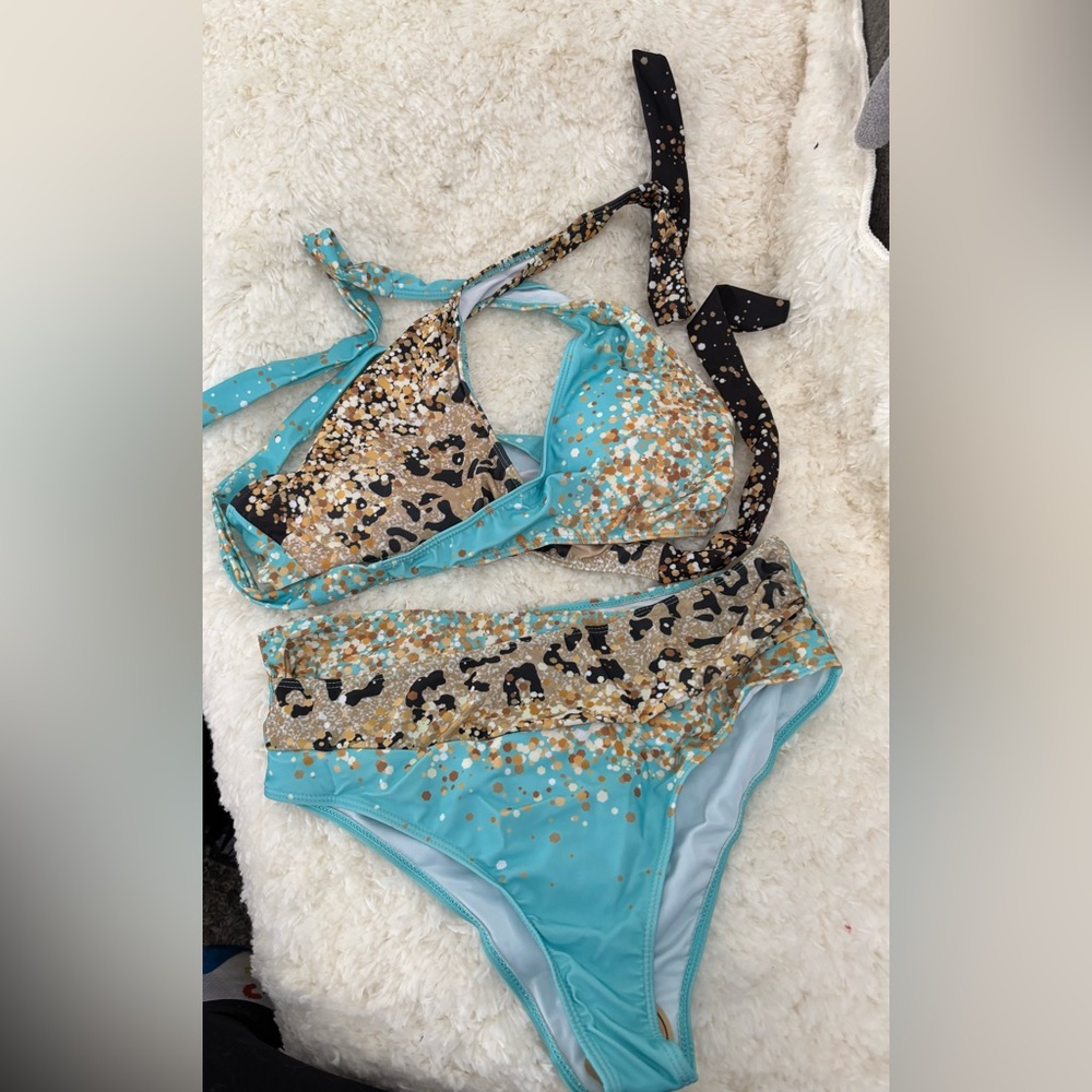 Leopard Print Bikini Set with Turquoise and Gold Accents